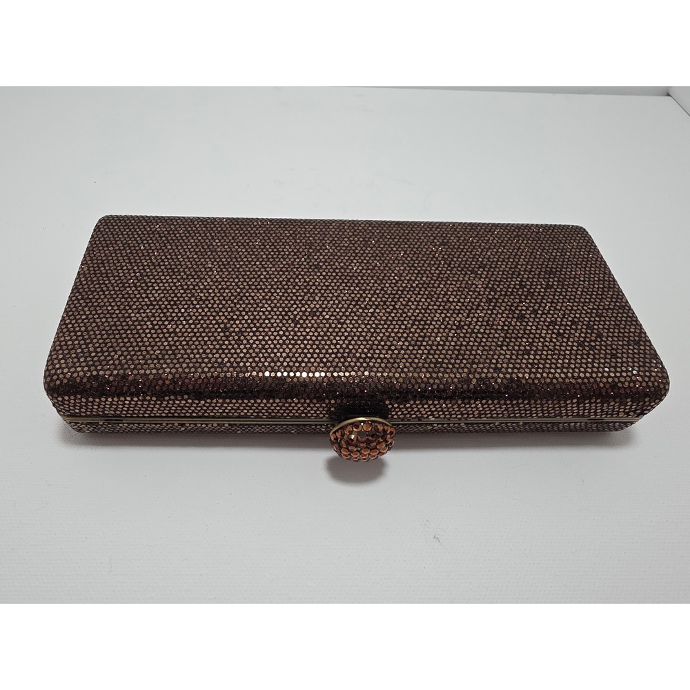 Vintage Inspired Bronze Glitter Hard Shell Clutch Bag Rhinestone Evening Purse